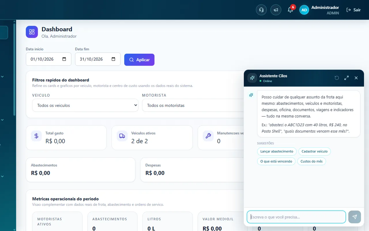 Assistente com IA do Cilos Frotas aberto ao lado do dashboard
