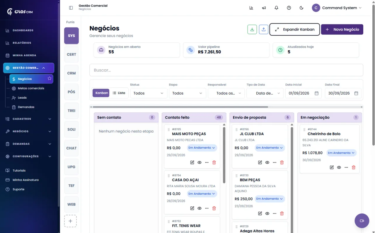 Negócios do Cilos CRM organizados em funil kanban