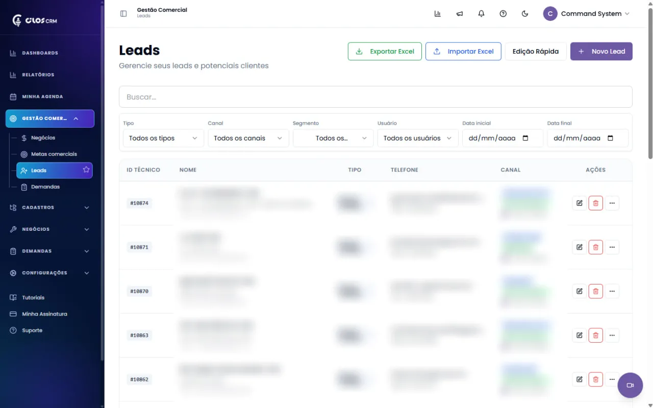 Lista de leads do Cilos CRM com filtros por tipo, canal e segmento